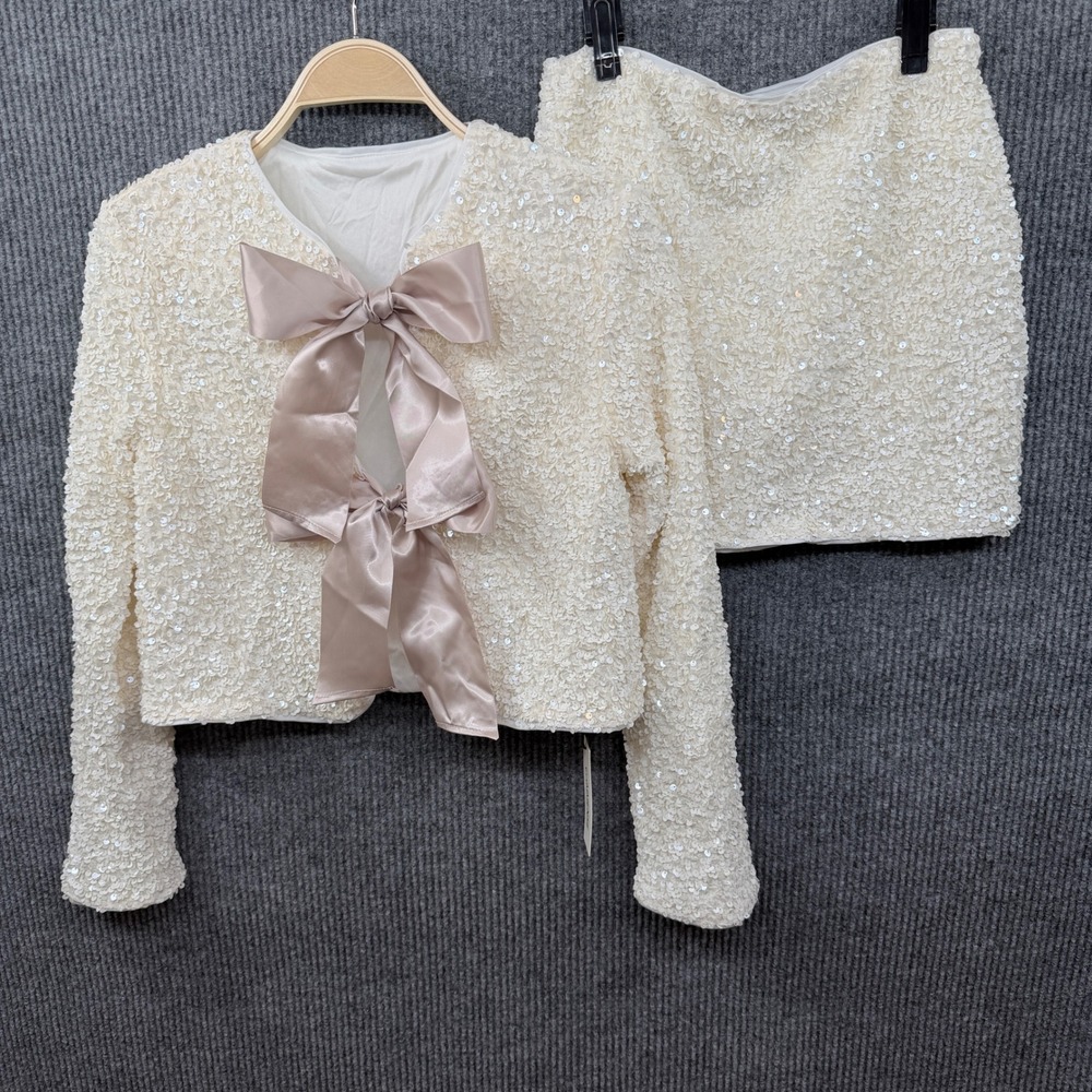 Commense Sequin Skirt Set Women Small White Bow Back Crop Jacket Mini Skirt Glam